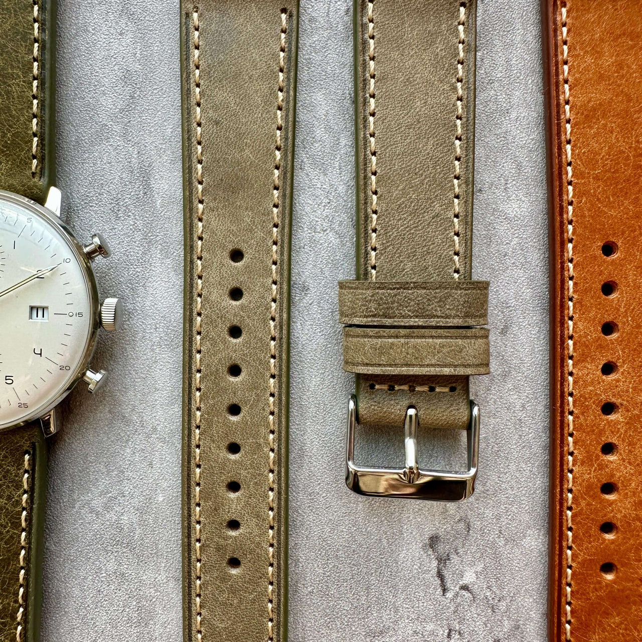 Badalassi Carlo Waxed Cowhide Leather Watch Strap With Contrasting Cream Stitching