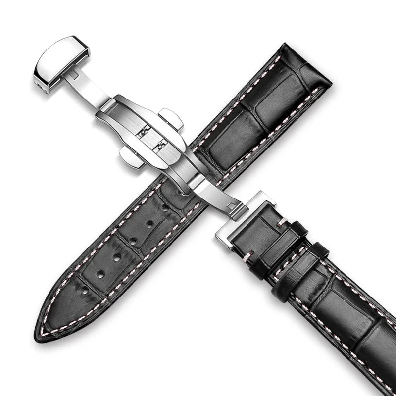 Genuine Leather Calfskin Premium Watch Strap with Stainless Steel Deployant Butterfly Clasp