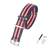 Thumbnail for Premium Woven Seatbelt Military Style Watch Strap - Blue, Grey, Red stripes