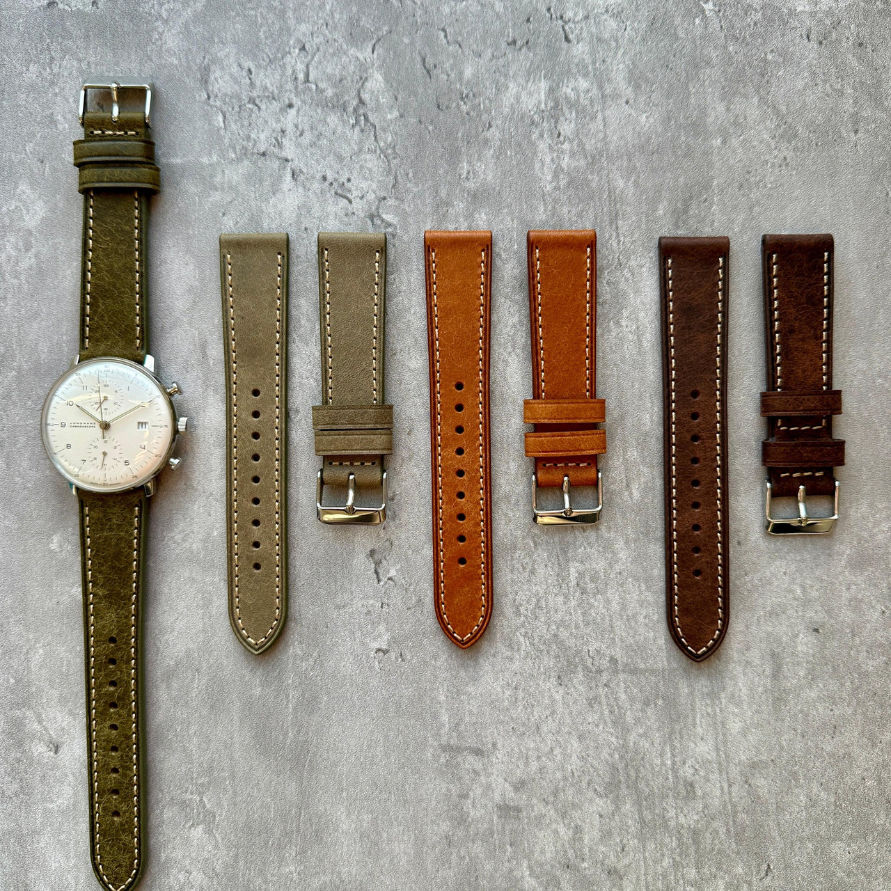 Badalassi Carlo Waxed Cowhide Leather Watch Strap With Contrasting Cream Stitching