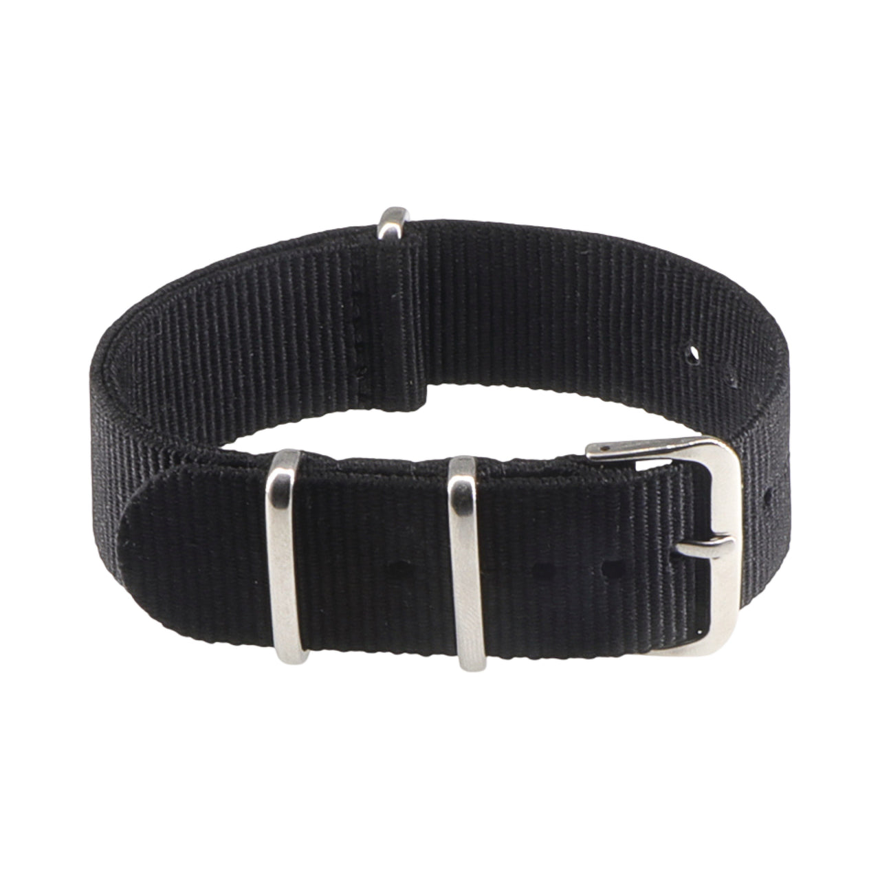 Black NATO watch strap with silver buckle on a white background