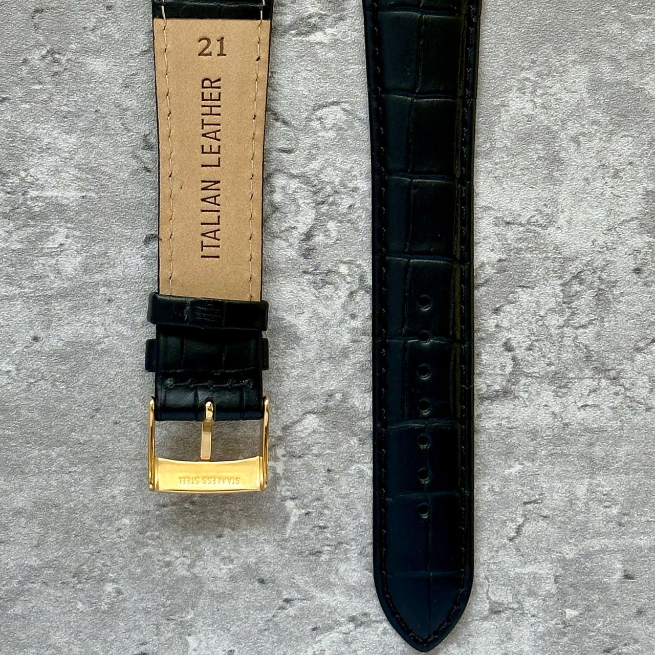 Crocodile Grain Leather Watch Strap Black- Available in all sizes