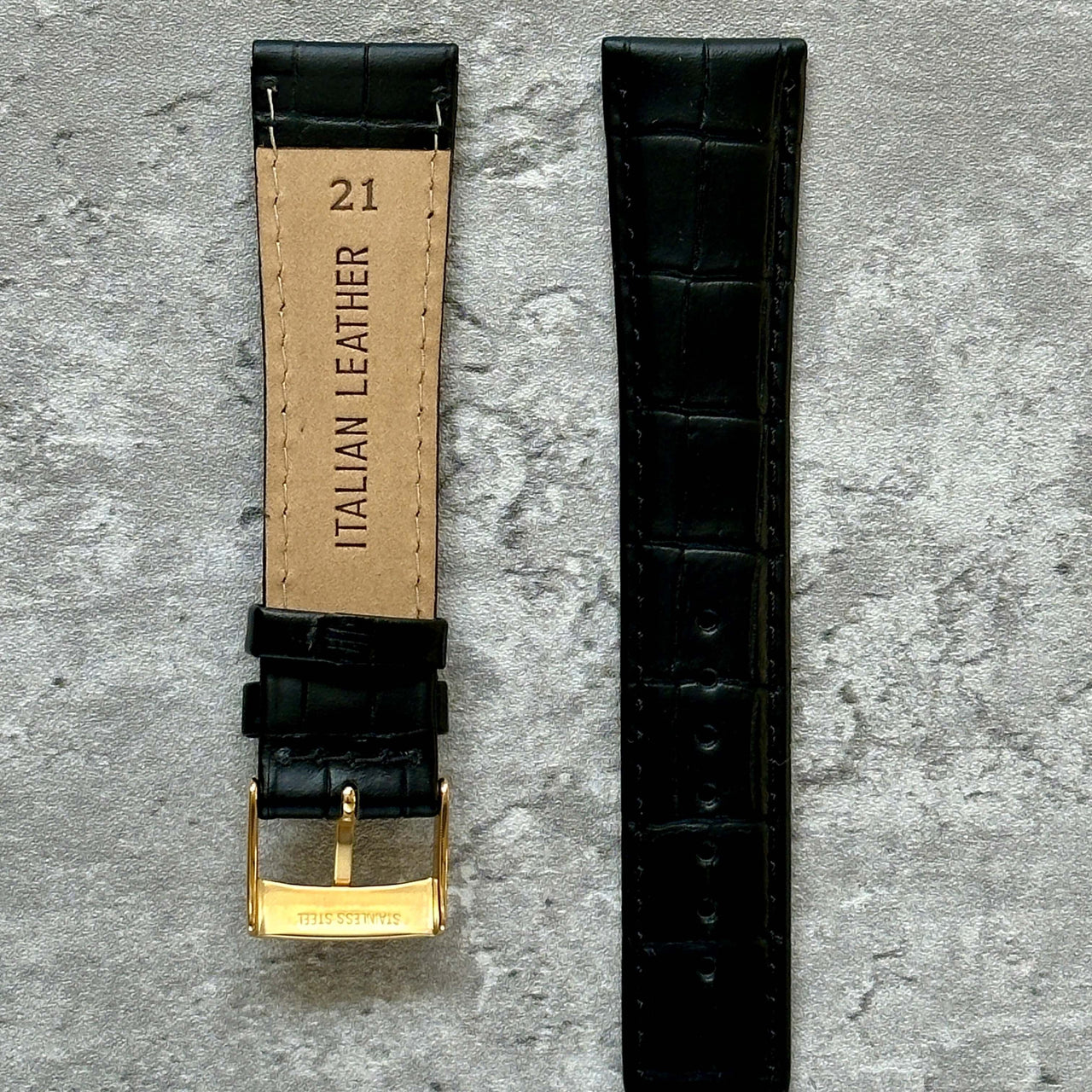 Crocodile Grain Leather Watch Strap Black- Available in all sizes