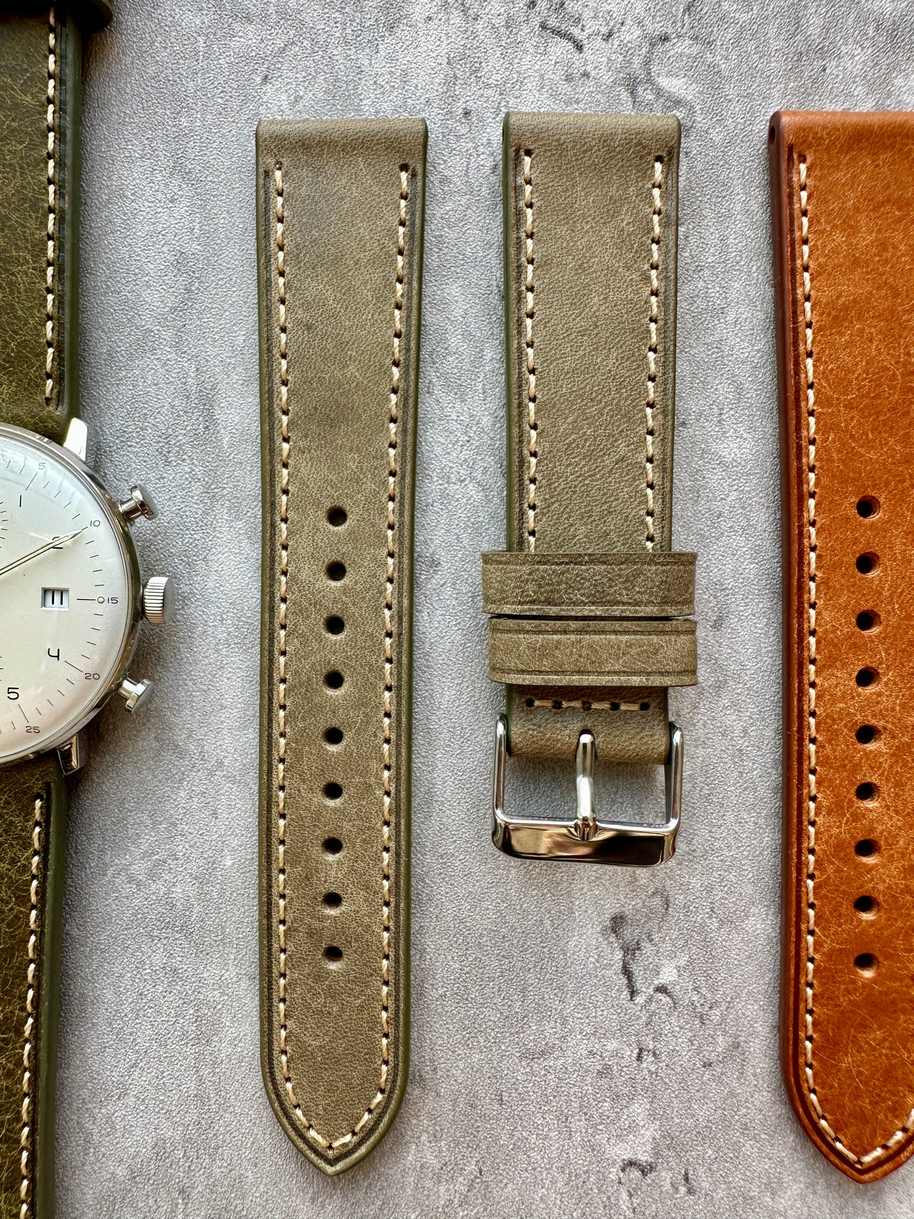 Badalassi Carlo Waxed Cowhide Leather Watch Strap With Contrasting Cream Stitching