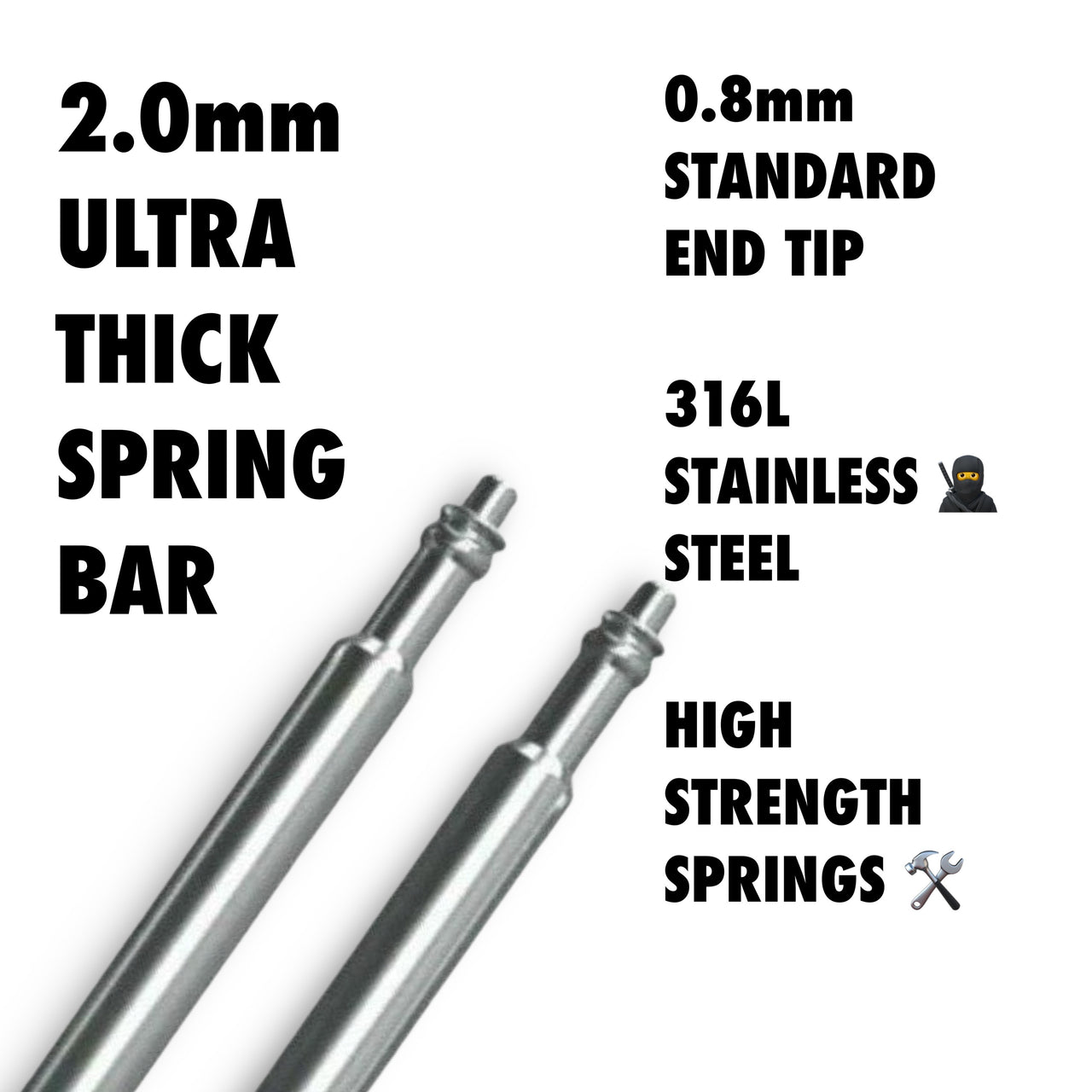 Ultra-thick 2mm diameter spring bars with standard 0.8mm tips (Pack of 4)