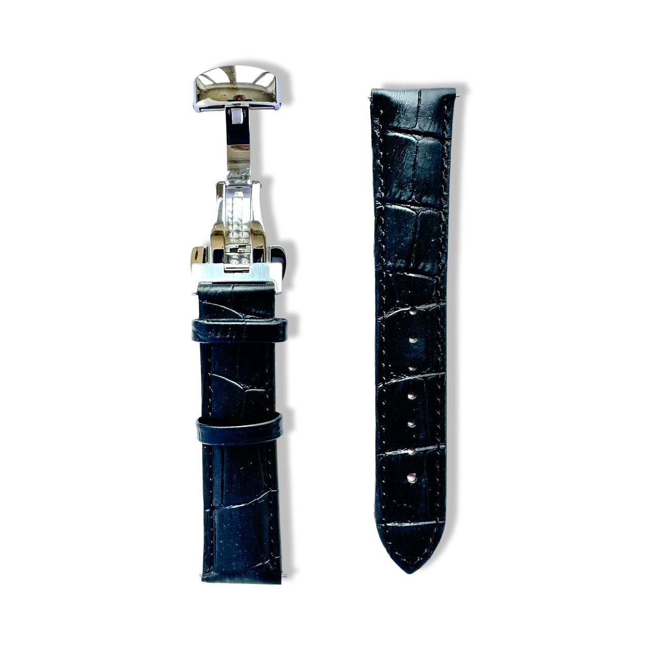 Black crocodile-patterned watch strap with silver clasp on a white background