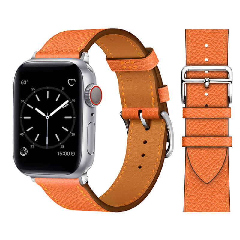 Genuine Leather Watch Strap for Your Apple Watch With Polished Stainless Steel Vintage Style Buckle In Tiger Orange Colour