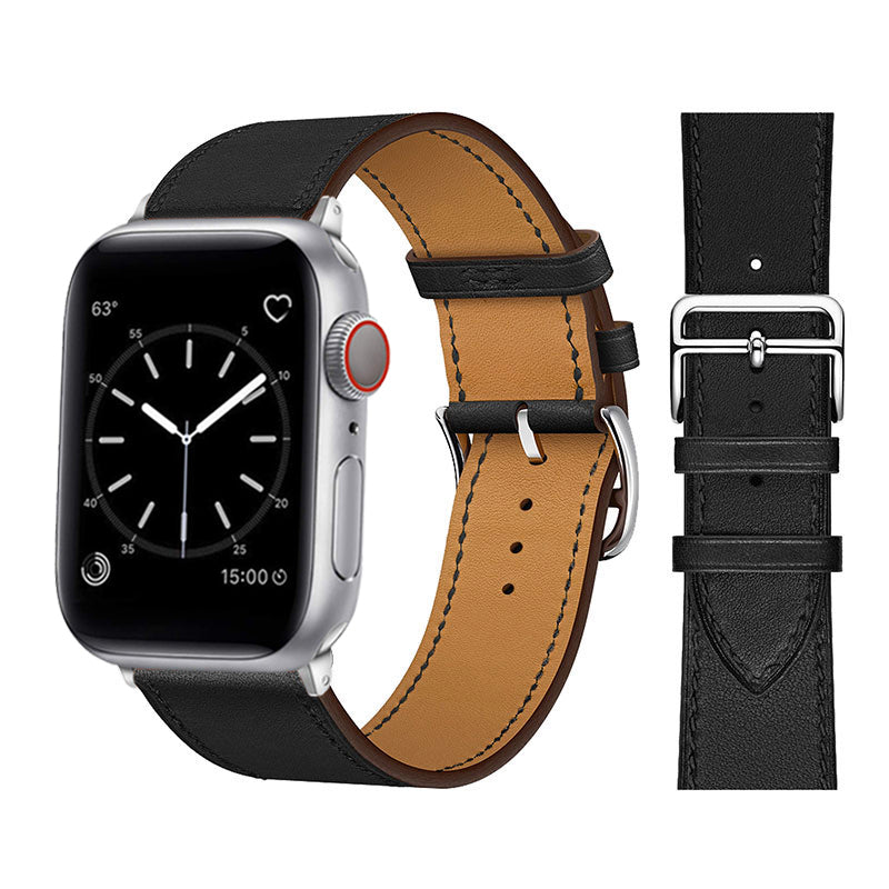 Genuine Leather Apple Watch Strap In Carbon Black Colour With Polished Stainless Steel Vintage Style Buckle