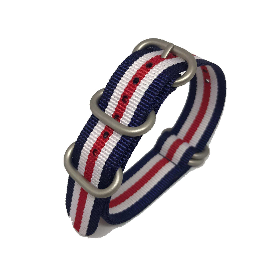 Zulu Military Style Strap - Navy, White & Red - Silver Buckle