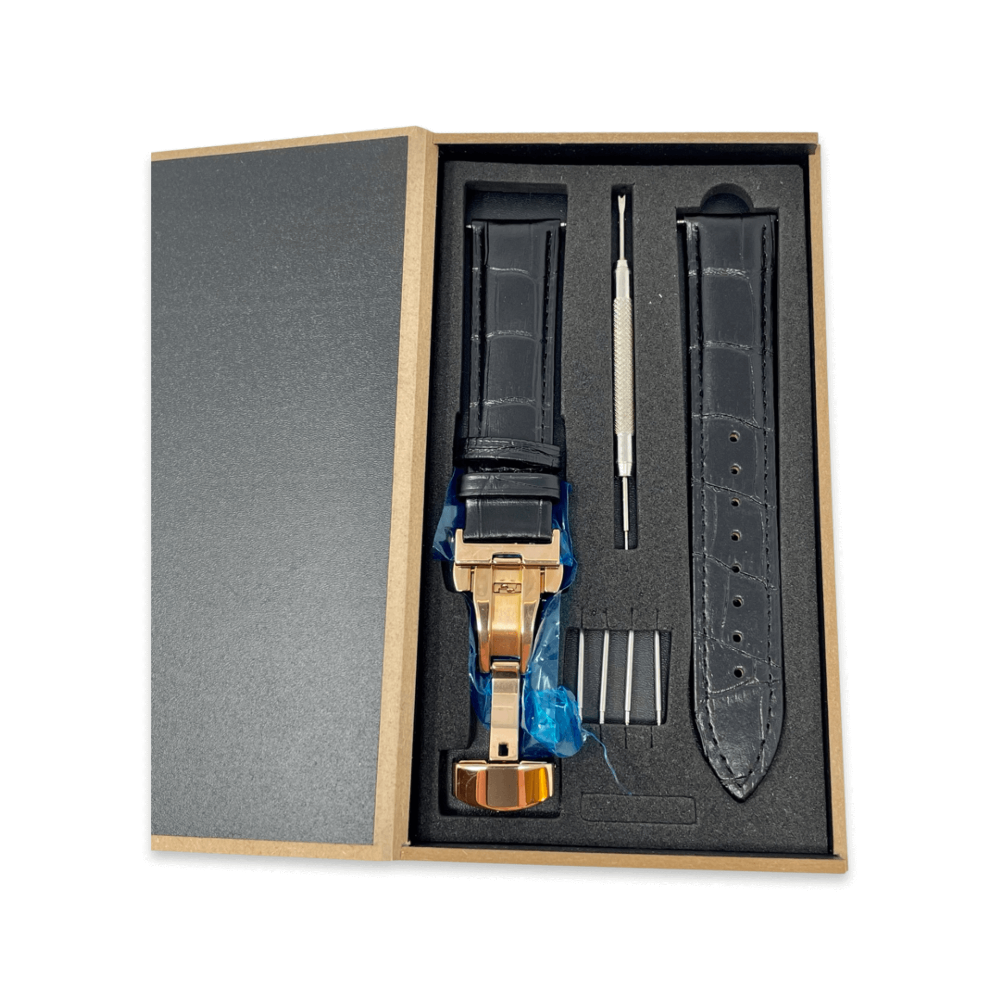 Genuine Leather Calfskin Premium Watch Strap with Stainless Steel Deployant Butterfly Clasp