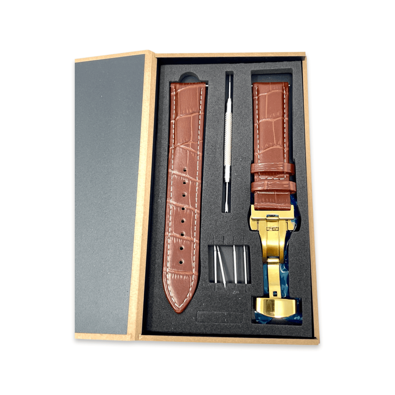 Genuine Leather Calfskin Premium Watch Strap with Stainless Steel Deployant Butterfly Clasp