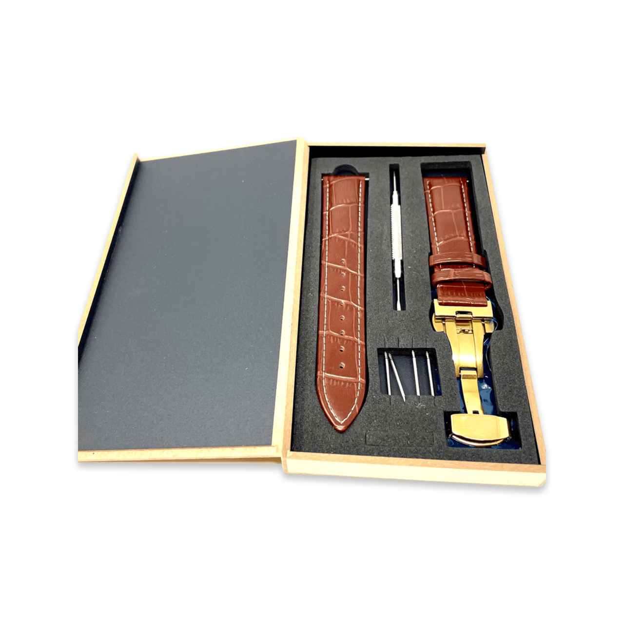 Genuine Leather Calfskin Premium Watch Strap with Stainless Steel Deployant Butterfly Clasp