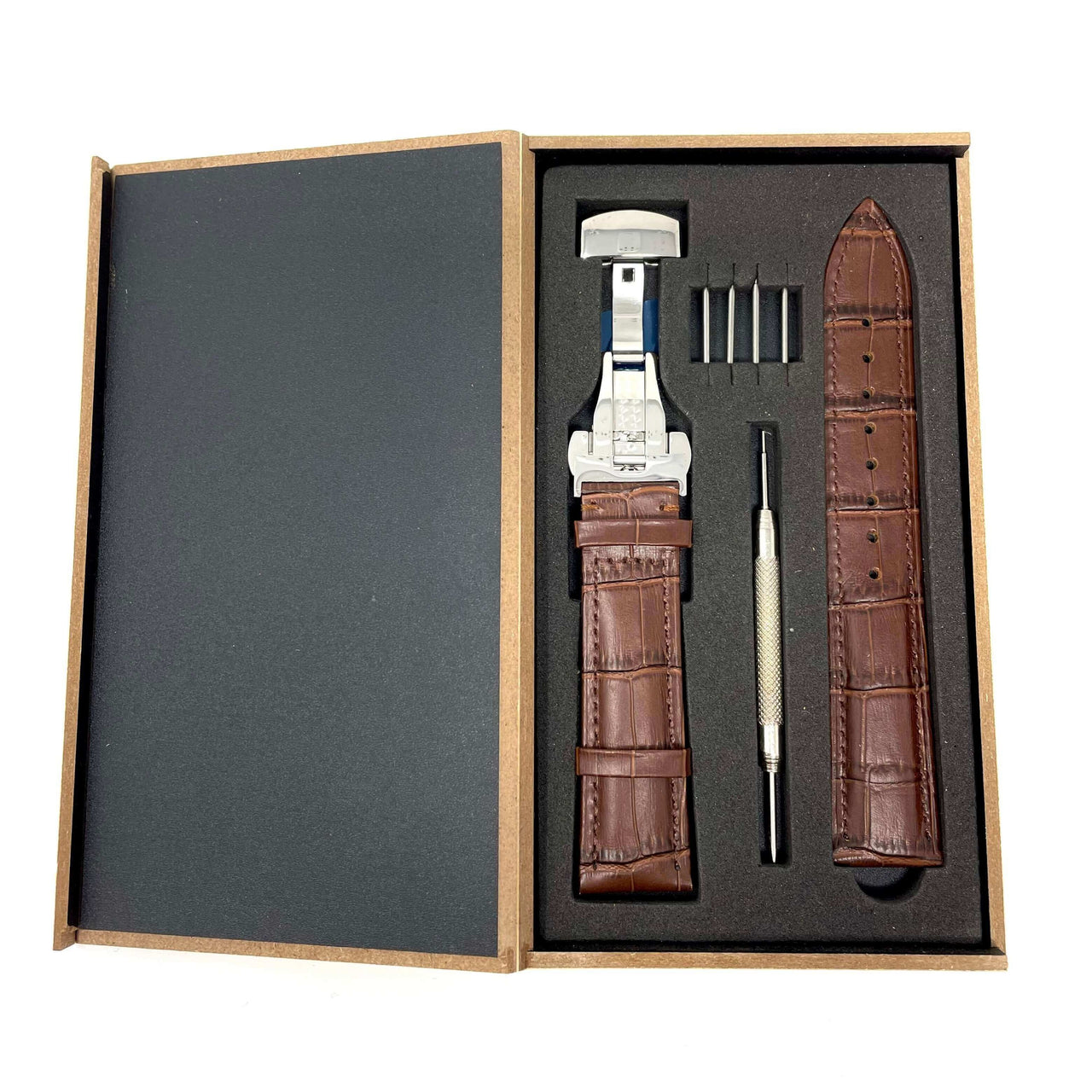 Genuine Leather Calfskin Premium Watch Strap with Stainless Steel Deployant Butterfly Clasp