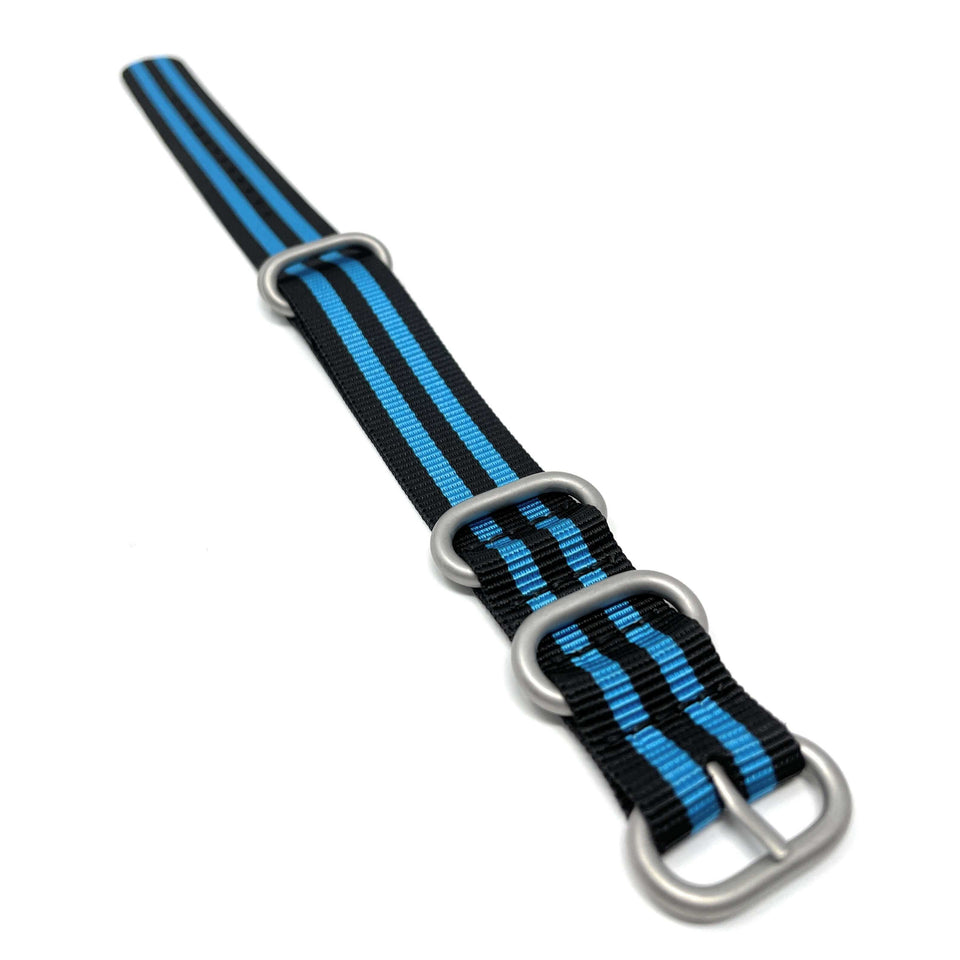Zulu Military Style Strap - Black Electric Blue - Silver Buckle