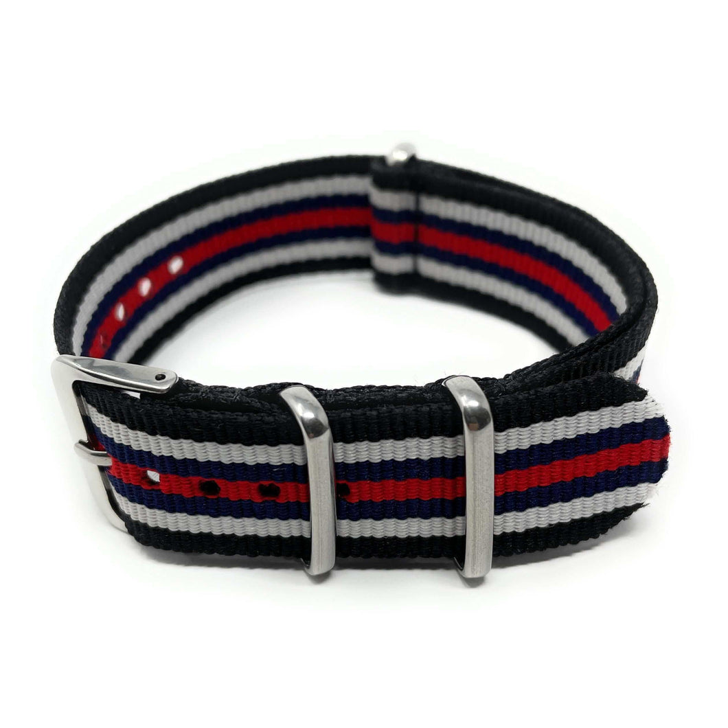 Classic Military Style Strap - Black, White, Blue & Red Stripes