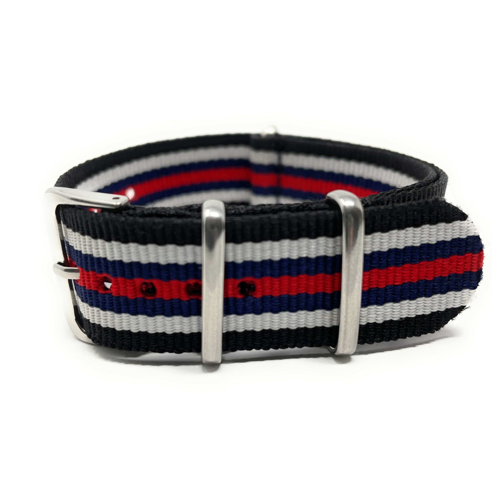 Classic Military Style Strap - Black, White, Blue & Red Stripes