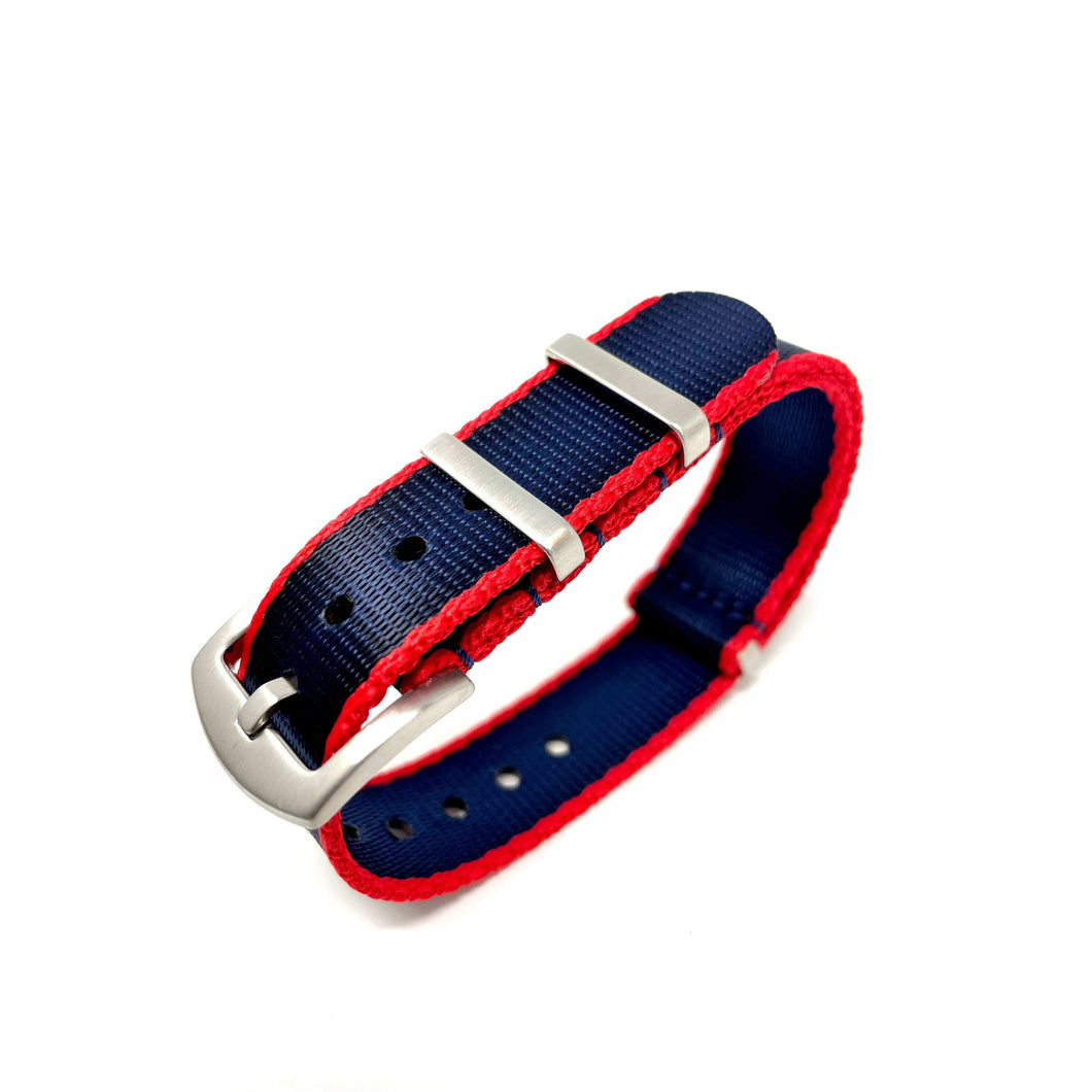 Premium Thick Woven Military Style Watch Strap - Midnight Blue & Red Trim