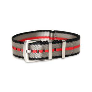 Premium Thick Woven Military Style Watch Strap - Black Grey Red Stripes