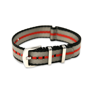Premium Thick Woven Military Style Watch Strap - Black Grey Red Stripes