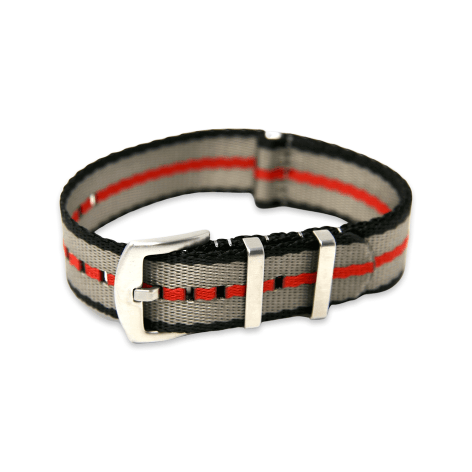Premium Thick Woven Military Style Watch Strap - Black Grey Red Stripes