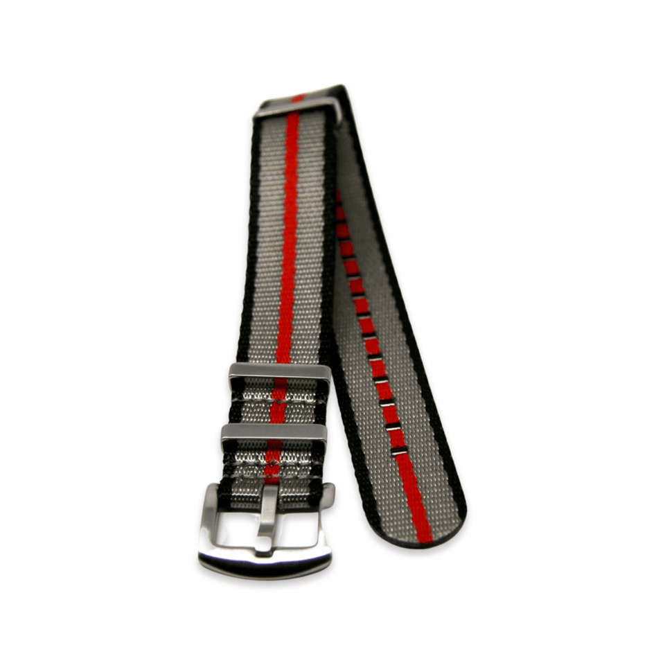 Premium Thick Woven Military Style Watch Strap - Black Grey Red Stripes