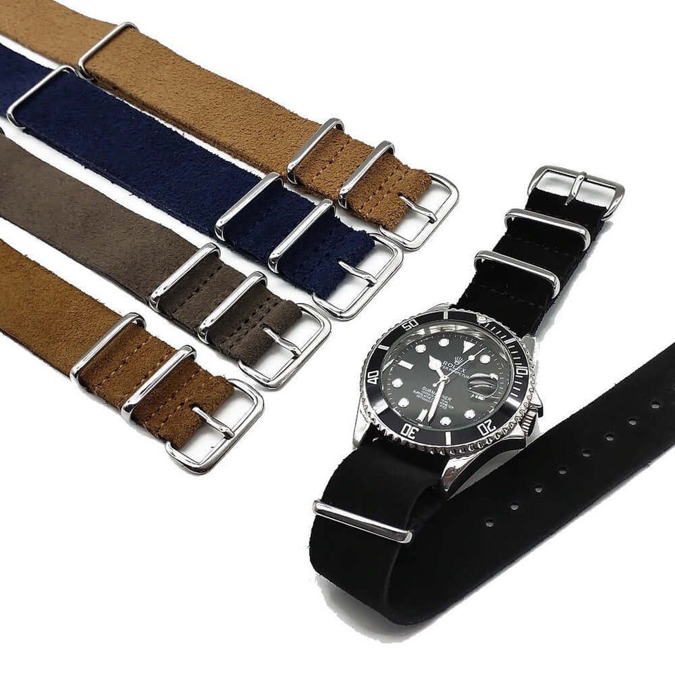 Suede Leather Military Style Strap - Black