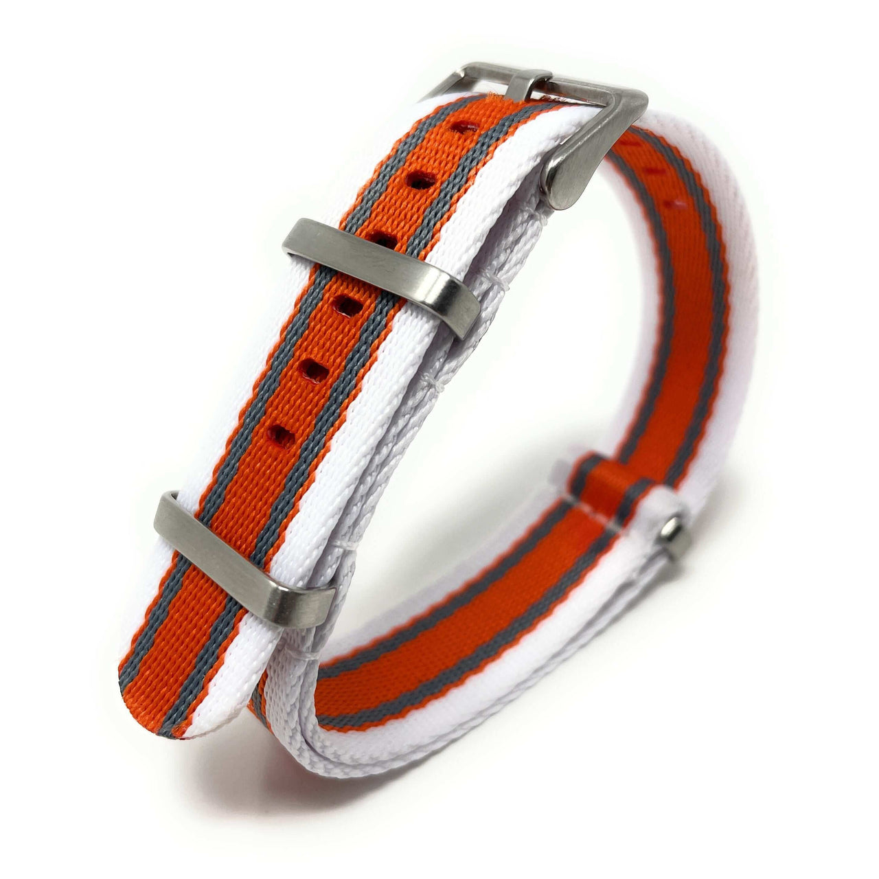 Premium Thick Woven Military Style Watch Strap - White, Grey and Orange