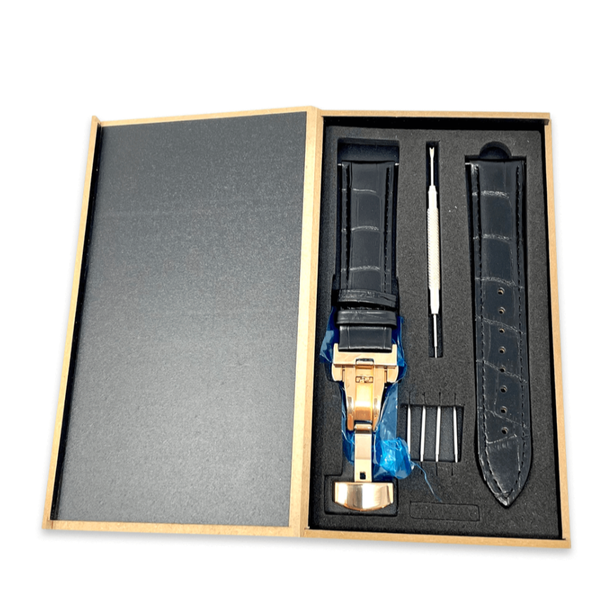Genuine Leather Calfskin Premium Watch Strap with Stainless Steel Deployant Butterfly Clasp